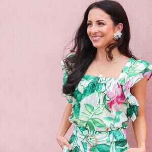 Lavender Brown Kyra Floral Top Green Square Neck Flutter Sleeve S Cottagecore